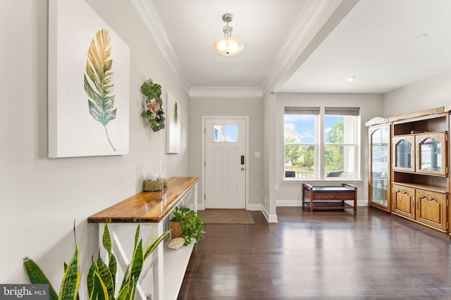 foyer featuring ornamental molding, dark wood-style flooring, and baseboards