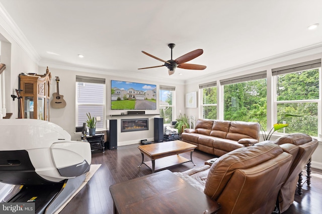 living room with a ceiling fan, ornamental molding, dark wood finished floors, recessed lighting, and a glass covered fireplace