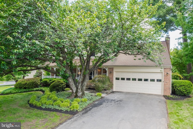 8 Botany Ct, North Potomac, MD 20878 - obstructed view of property featuring asphalt driveway, brick siding, a garage, a chimney, and a shingled roof