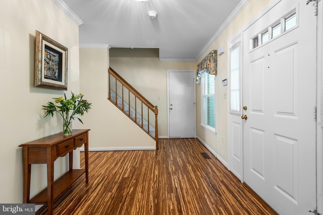 8 Botany Ct, North Potomac, MD 20878 - foyer featuring crown molding, dark wood finished floors, stairs, and baseboards