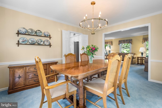 8 Botany Ct, North Potomac, MD 20878 - dining area featuring a chandelier, light colored carpet, crown molding, and baseboards
