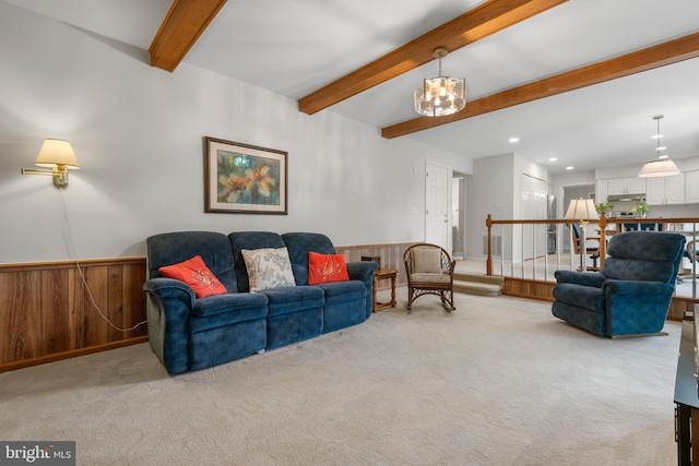 8 Botany Ct, North Potomac, MD 20878 - living room with beamed ceiling, carpet floors, a chandelier, a wainscoted wall, and wooden walls