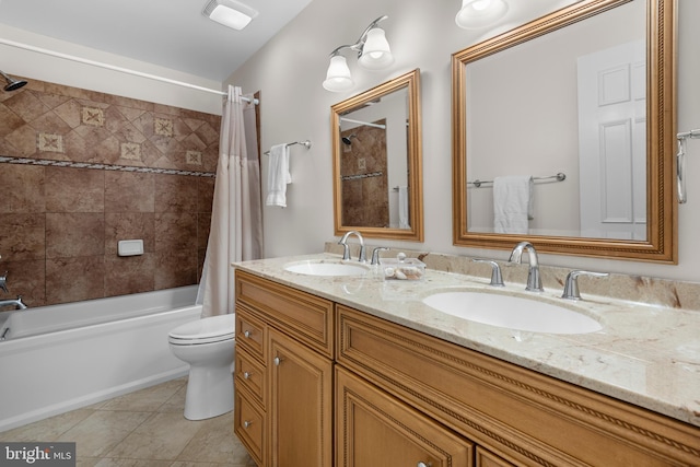 8 Botany Ct, North Potomac, MD 20878 - bathroom with shower / tub combo with curtain, toilet, double vanity, and tile patterned floors