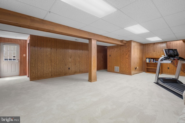 8 Botany Ct, North Potomac, MD 20878 - exercise room featuring wooden walls, carpet floors, and a drop ceiling
