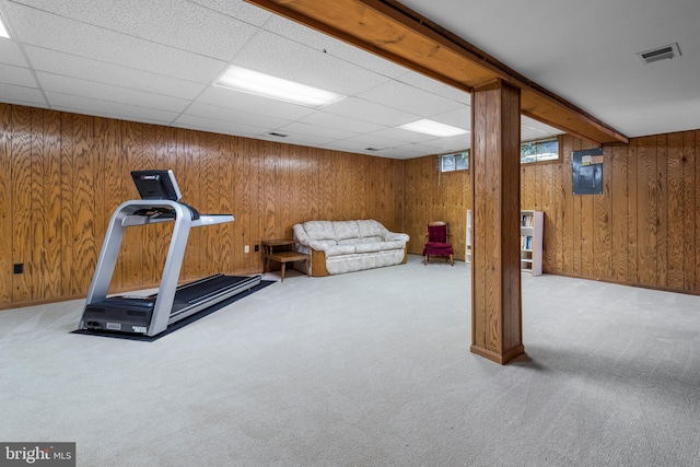 8 Botany Ct, North Potomac, MD 20878 - workout room featuring carpet flooring, wooden walls, and a drop ceiling