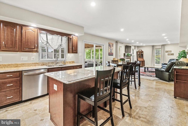 2218 W Greenleaf Dr W, Frederick, MD 21702 - kitchen featuring stainless steel dishwasher, a sink, recessed lighting, open floor plan, and a center island