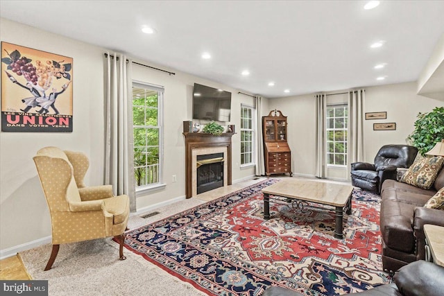 2218 W Greenleaf Dr W, Frederick, MD 21702 - living area featuring recessed lighting, a high end fireplace, baseboards, and healthy amount of natural light