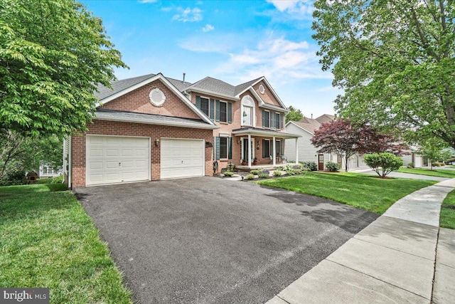 2218 W Greenleaf Dr W, Frederick, MD 21702 - view of front facade featuring a porch, an attached garage, asphalt driveway, a front yard, and brick siding