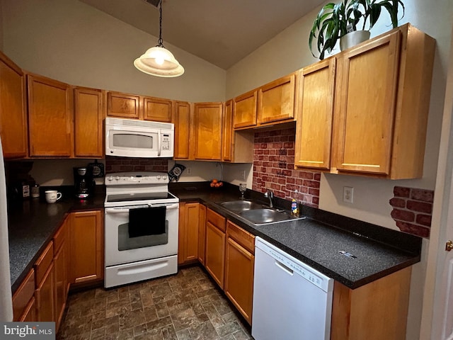 331 Lora Dr, Woodstock, VA 22664 - kitchen with white appliances, a sink, dark countertops, lofted ceiling, and backsplash