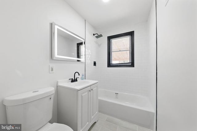 bathroom featuring toilet, shower / bathtub combination, tile patterned floors, and vanity
