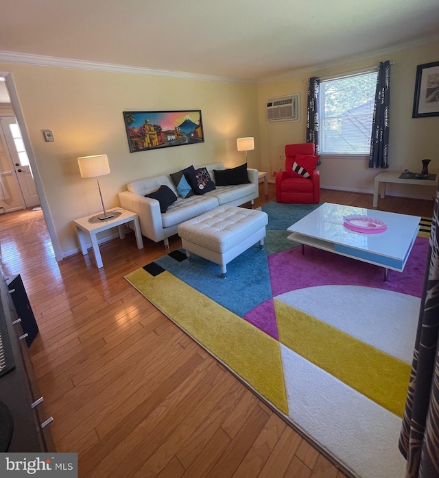 99 Exeter Ct, Shepherdstown, WV 25443 - living area featuring wood-type flooring, crown molding, a wall mounted AC, and baseboards
