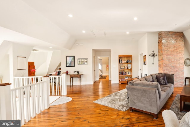 301 Meyers Ave, Meyersdale, PA 15552 - living area featuring attic access, light wood-style flooring, recessed lighting, vaulted ceiling, and baseboards