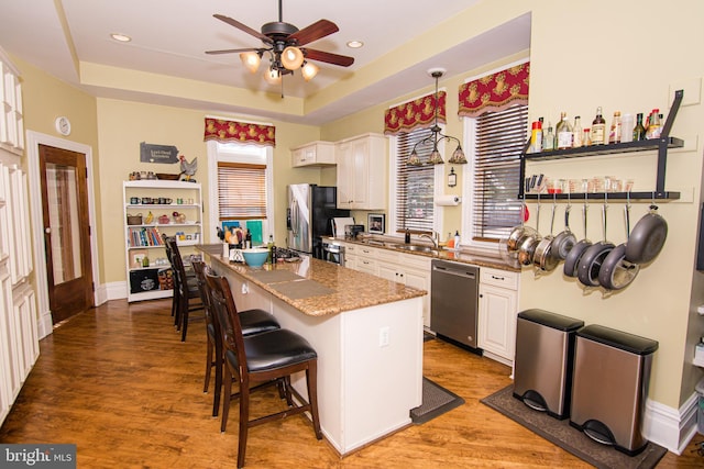 301 Meyers Ave, Meyersdale, PA 15552 - kitchen featuring appliances with stainless steel finishes, ceiling fan, a breakfast bar area, a center island, and a tray ceiling