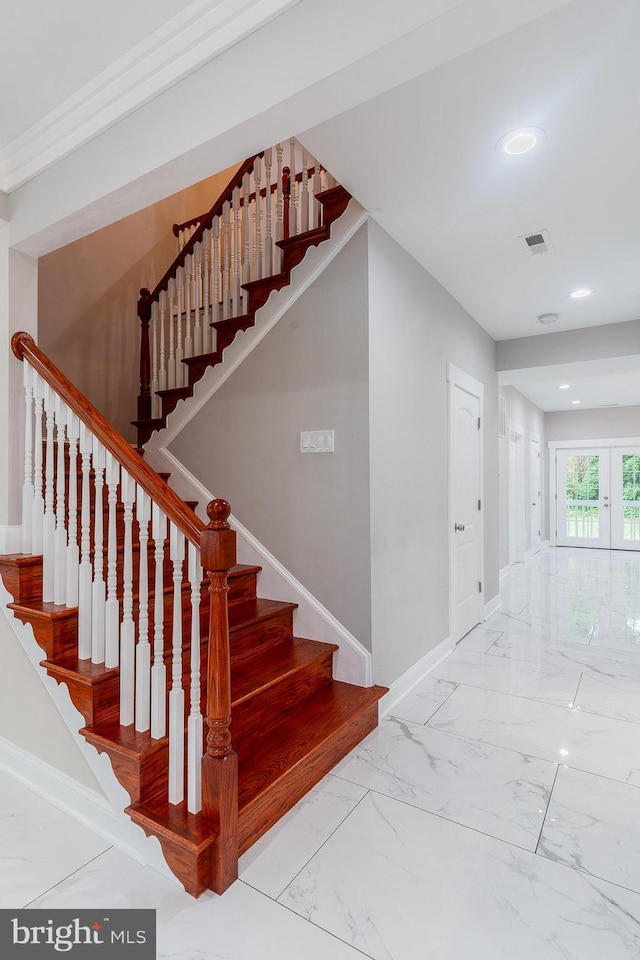 3925 Ashwood Pl, Falls Church, VA 22041 - stairway with baseboards, marble look tile flooring, and recessed lighting