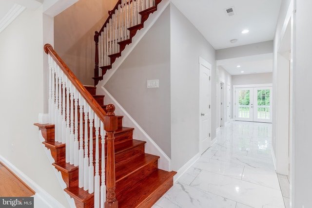 3925 Ashwood Pl, Falls Church, VA 22041 - staircase featuring marble finish floors, baseboards, and recessed lighting