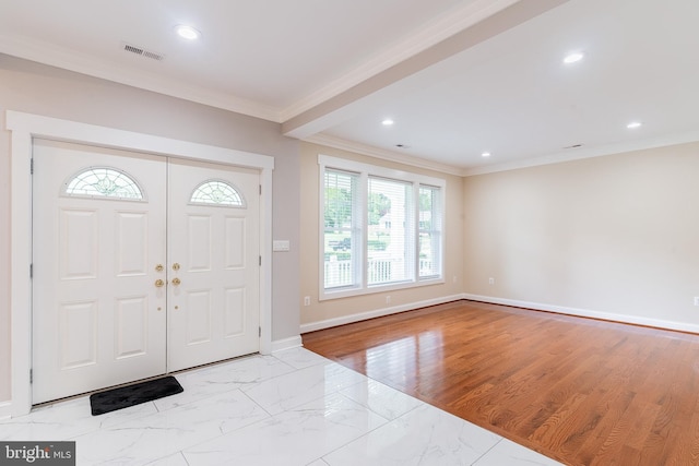 3925 Ashwood Pl, Falls Church, VA 22041 - foyer entrance with ornamental molding, baseboards, recessed lighting, and light marble finish floors