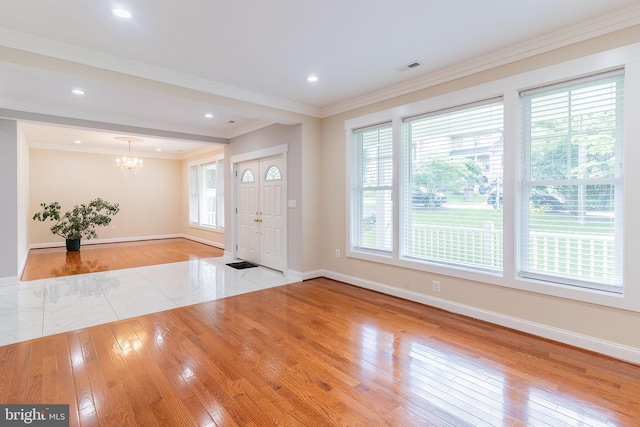 3925 Ashwood Pl, Falls Church, VA 22041 - foyer entrance featuring hardwood / wood-style floors, a chandelier, crown molding, baseboards, and recessed lighting