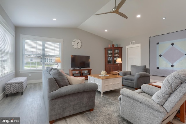 82 S Village Cir Unit 238, Palmyra, PA 17078 - living area with wood finished floors, lofted ceiling, a ceiling fan, baseboards, and recessed lighting