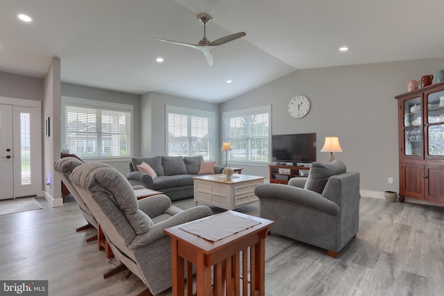 82 S Village Cir Unit 238, Palmyra, PA 17078 - living room with light wood finished floors, baseboards, vaulted ceiling, ceiling fan, and recessed lighting