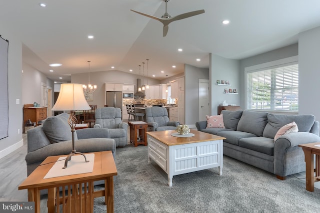82 S Village Cir Unit 238, Palmyra, PA 17078 - living area featuring lofted ceiling, a ceiling fan, a chandelier, and recessed lighting