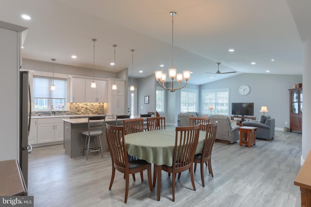 82 S Village Cir Unit 238, Palmyra, PA 17078 - dining area featuring light wood finished floors, vaulted ceiling, a ceiling fan, baseboards, and recessed lighting