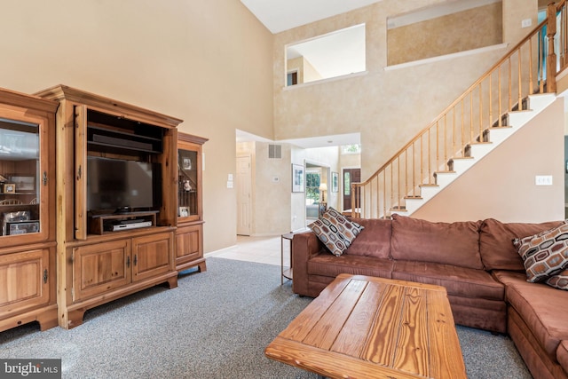 22 Devonshire Dr, Voorhees, NJ 08043 - carpeted living room with stairway and a towering ceiling