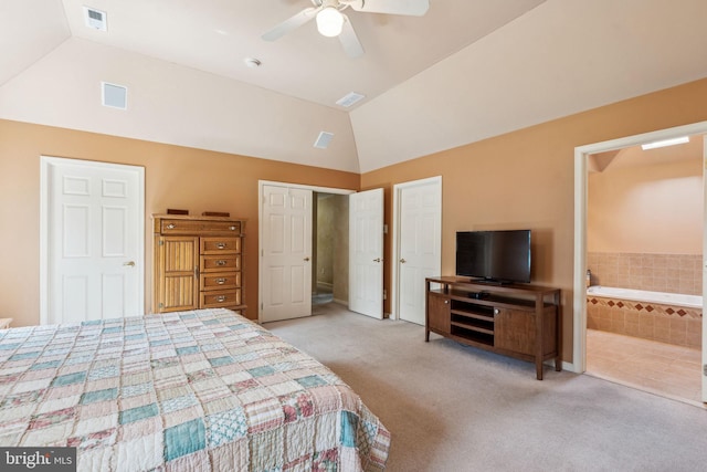 22 Devonshire Dr, Voorhees, NJ 08043 - carpeted bedroom featuring ensuite bathroom, a ceiling fan, and high vaulted ceiling