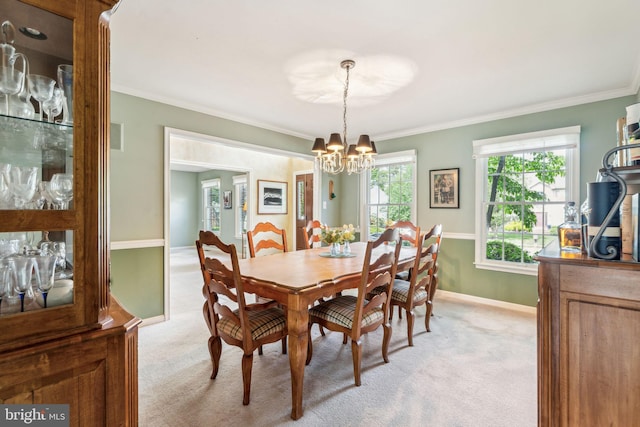 22 Devonshire Dr, Voorhees, NJ 08043 - dining room featuring a chandelier, ornamental molding, light carpet, and baseboards