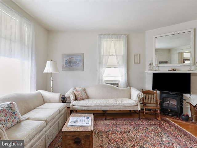 214 Center St, Edinburg, VA 22824 - living room with healthy amount of natural light, wood finished floors, and a wood stove