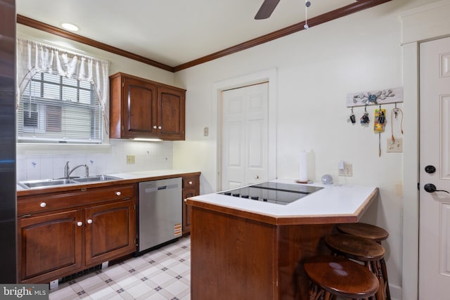 kitchen with stainless steel dishwasher, black electric cooktop, light floors, a kitchen bar, and a peninsula