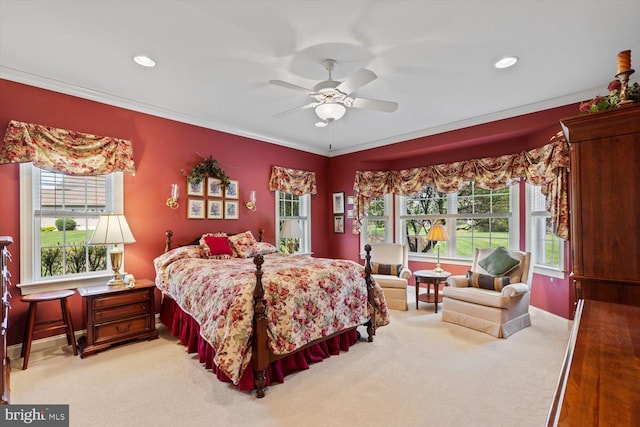 bedroom with light colored carpet, multiple windows, crown molding, recessed lighting, and ceiling fan