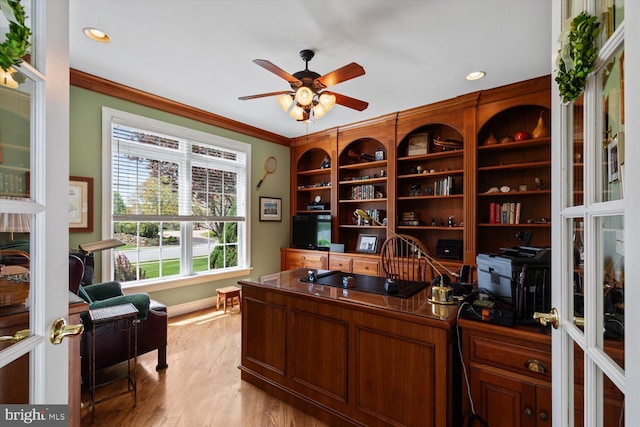 office with a ceiling fan, crown molding, light wood-style flooring, recessed lighting, and baseboards