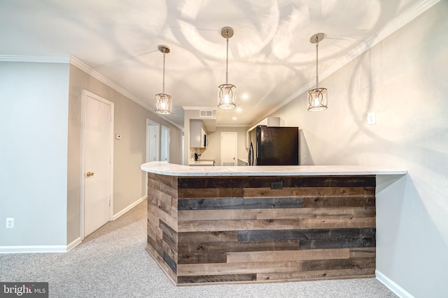 8318 Kingsgate Rd Unit 537, Springfield, VA 22152 - bar with freestanding refrigerator, carpet flooring, baseboards, hanging light fixtures, and ornamental molding