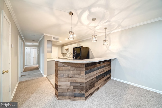 8318 Kingsgate Rd Unit 537, Springfield, VA 22152 - bar area featuring black fridge with ice dispenser, light carpet, ornamental molding, and baseboards