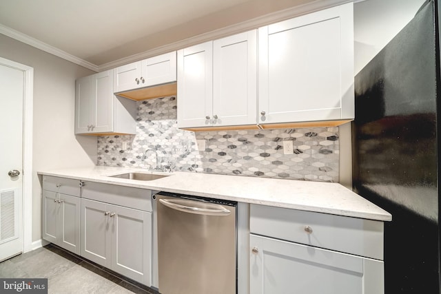 8318 Kingsgate Rd Unit 537, Springfield, VA 22152 - kitchen with stainless steel dishwasher, crown molding, a sink, decorative backsplash, and light stone counters