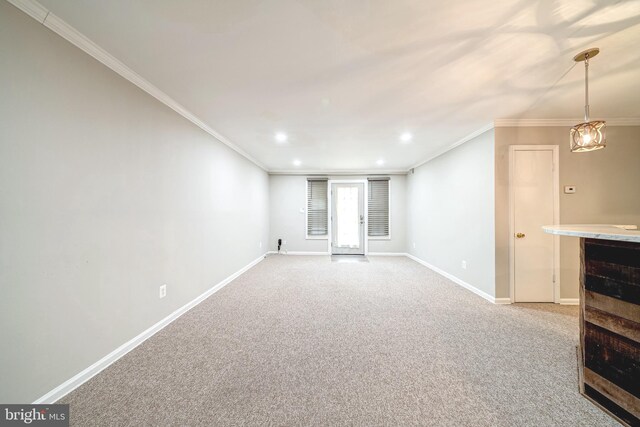 8318 Kingsgate Rd Unit 537, Springfield, VA 22152 - unfurnished living room with crown molding, baseboards, recessed lighting, carpet floors, and a chandelier