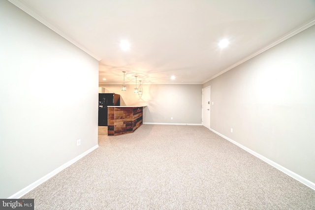 8318 Kingsgate Rd Unit 537, Springfield, VA 22152 - unfurnished living room with recessed lighting, ornamental molding, bar, carpet flooring, and baseboards