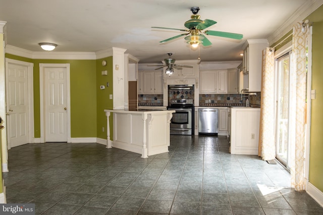 1158 Custer Dr, Auburn, PA 17922 - kitchen with stainless steel appliances, a ceiling fan, healthy amount of natural light, a peninsula, and crown molding