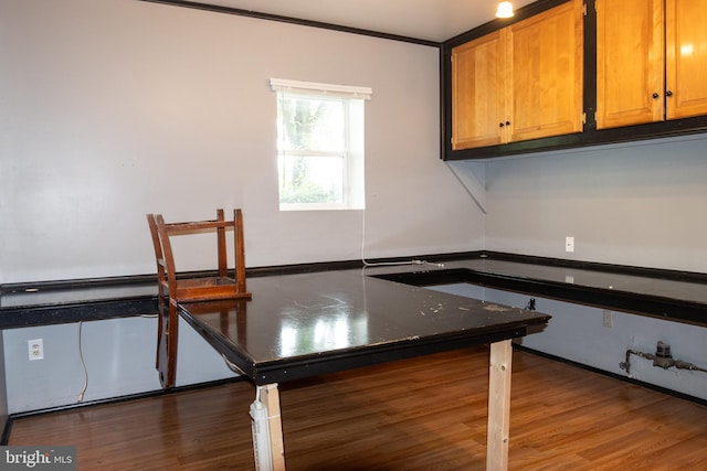 1158 Custer Dr, Auburn, PA 17922 - kitchen with dark wood-type flooring, dark countertops, and brown cabinets