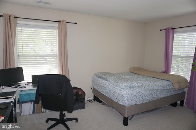 bedroom with multiple windows, carpet, and a desk