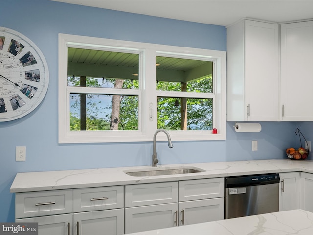 433 Tulip Poplar Dr, Linden, VA 22642 - kitchen with stainless steel dishwasher, a sink, white cabinets, and light stone counters