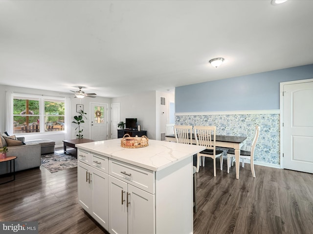 433 Tulip Poplar Dr, Linden, VA 22642 - kitchen featuring a kitchen island, open floor plan, ceiling fan, dark wood-type flooring, and light stone countertops