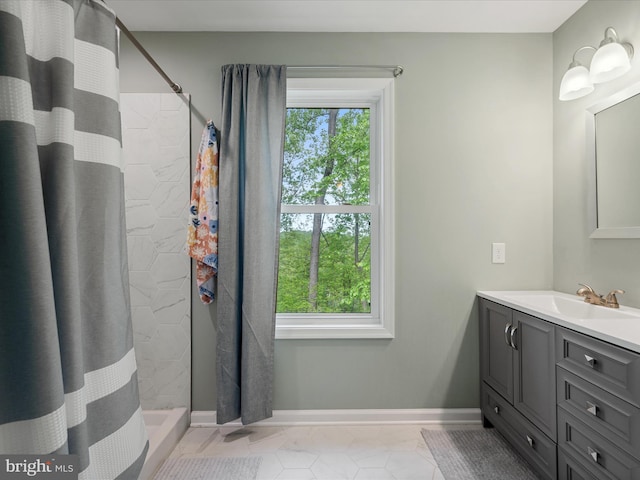 433 Tulip Poplar Dr, Linden, VA 22642 - full bath with vanity, tiled shower, tile patterned floors, and baseboards