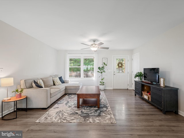 433 Tulip Poplar Dr, Linden, VA 22642 - living room featuring wood finished floors, ceiling fan, and baseboards