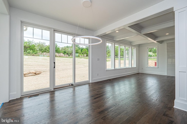unfurnished dining area featuring baseboards, dark wood-style floors, beam ceiling, coffered ceiling, and recessed lighting