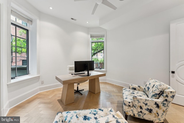 office area featuring baseboards, a ceiling fan, and recessed lighting