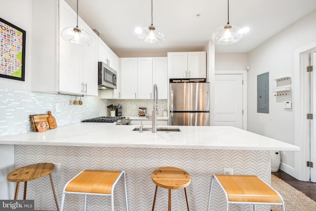 528 Kennedy St NW Unit 502, Washington, DC 20011 - kitchen with stainless steel appliances, a sink, electric panel, a peninsula, and white cabinets