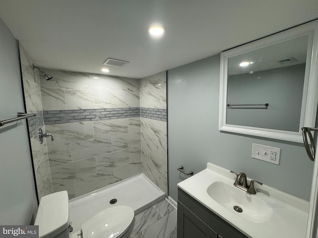 581 Milford Neck Rd, Milford, DE 19963 - bathroom with toilet, marble finish flooring, a shower stall, vanity, and recessed lighting