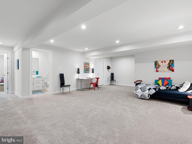 game room with light carpet, recessed lighting, and baseboards