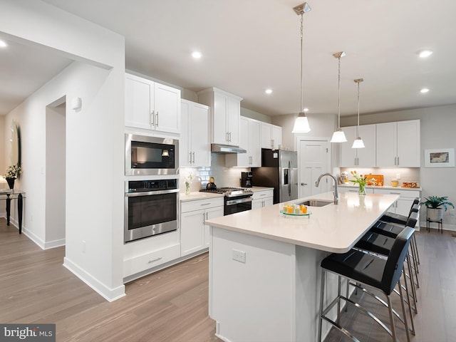 kitchen featuring stainless steel appliances, a sink, light wood-style floors, under cabinet range hood, and recessed lighting
